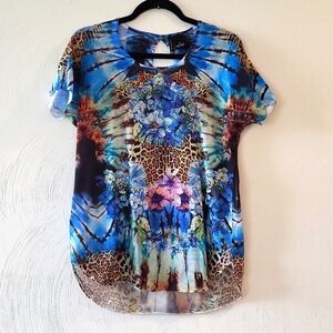 New Directions Floral Sequined Cheetah Print Women's Blouse Shirt Size M